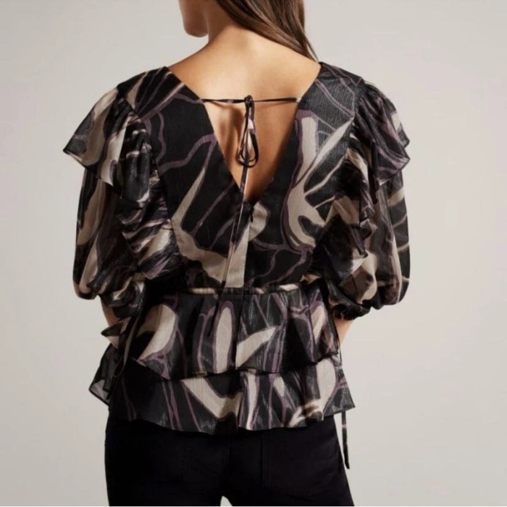 Ted Baker NWT Jasmyna Metallic Plum and Black Ruffles Puff Sleeve Size 2/M - Picture 6 of 10